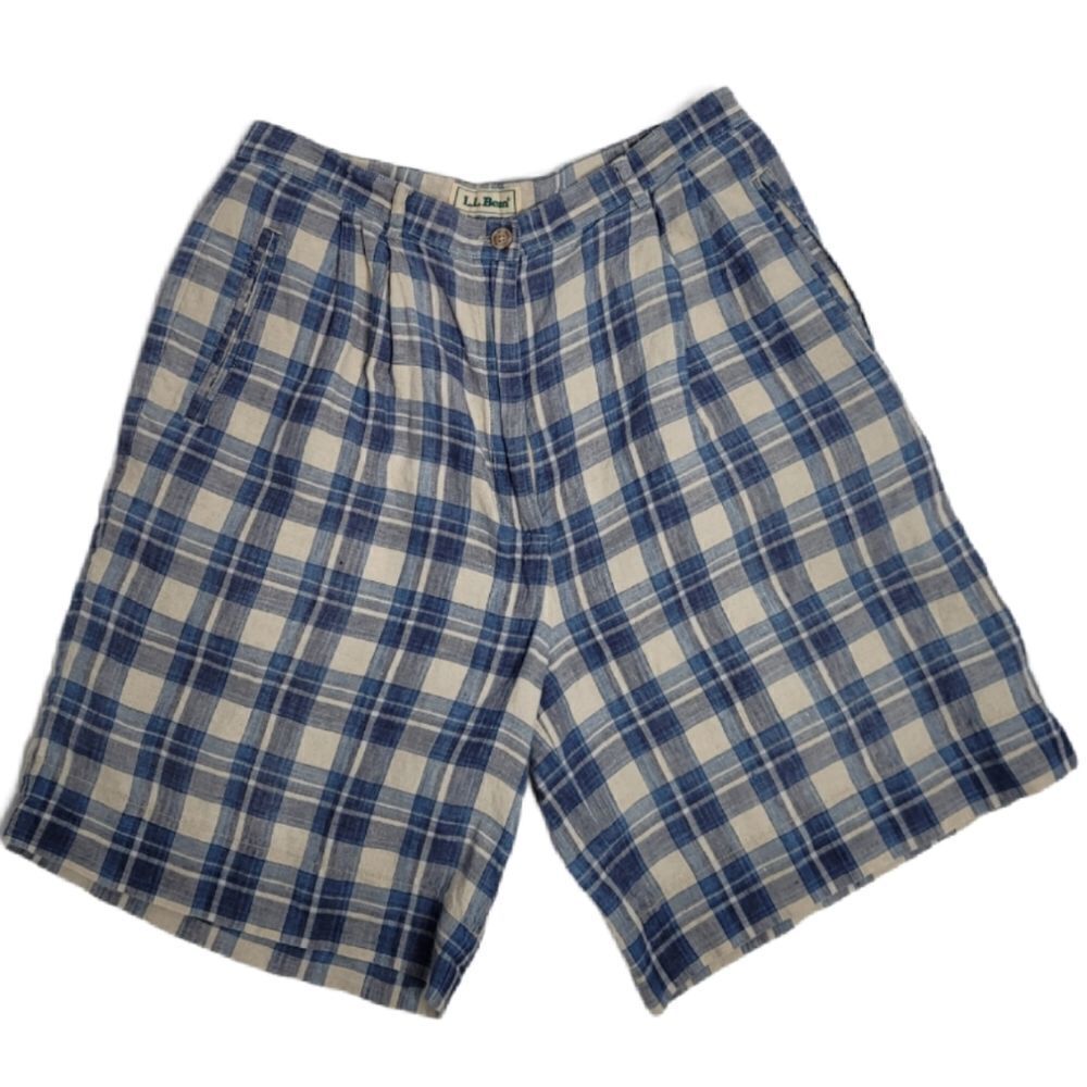 VINTAGEÂ 90s LLâBEANâ blue plaid linen pleated high waist midi shortsâ14